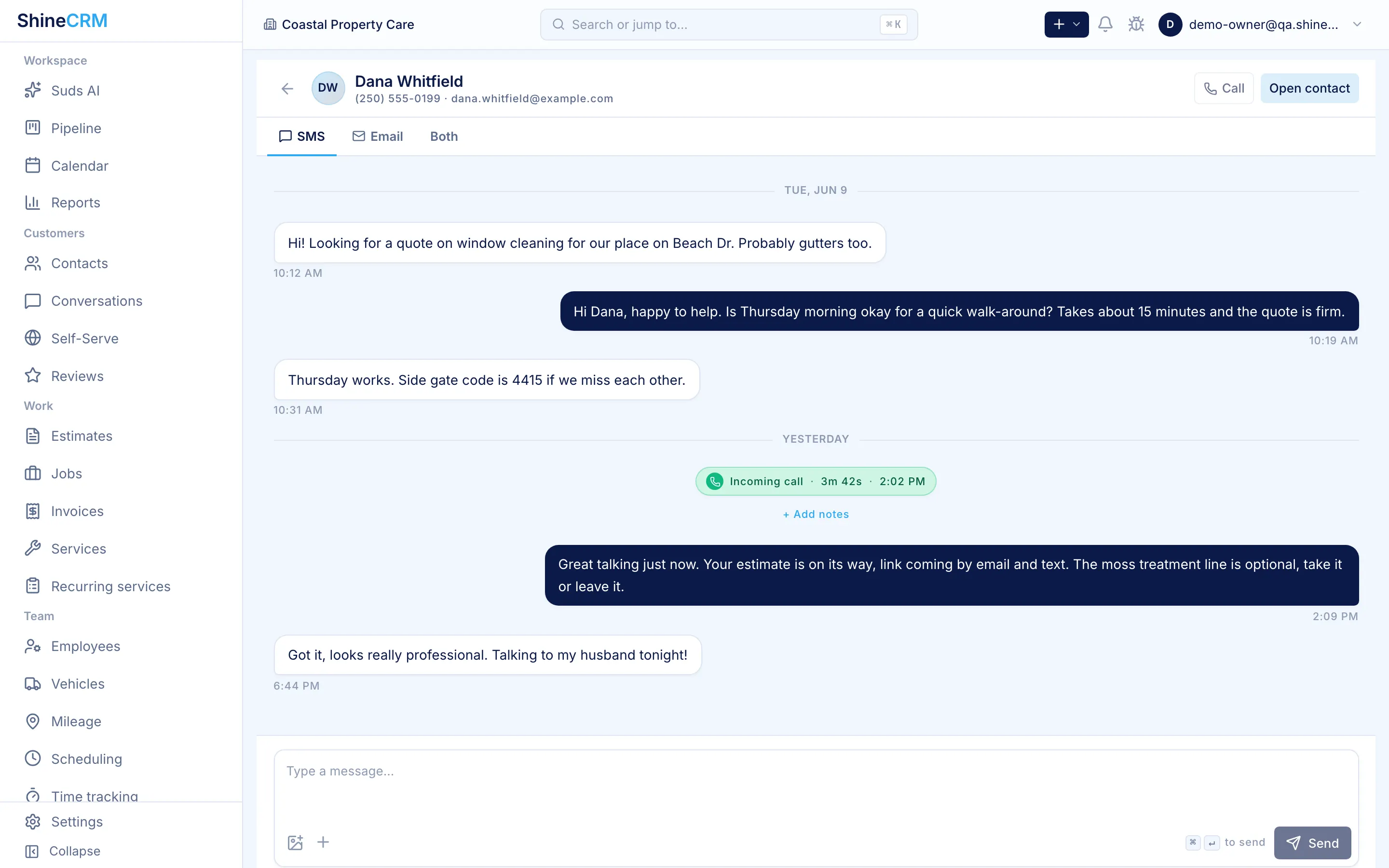 A customer text conversation inside ShineCRM