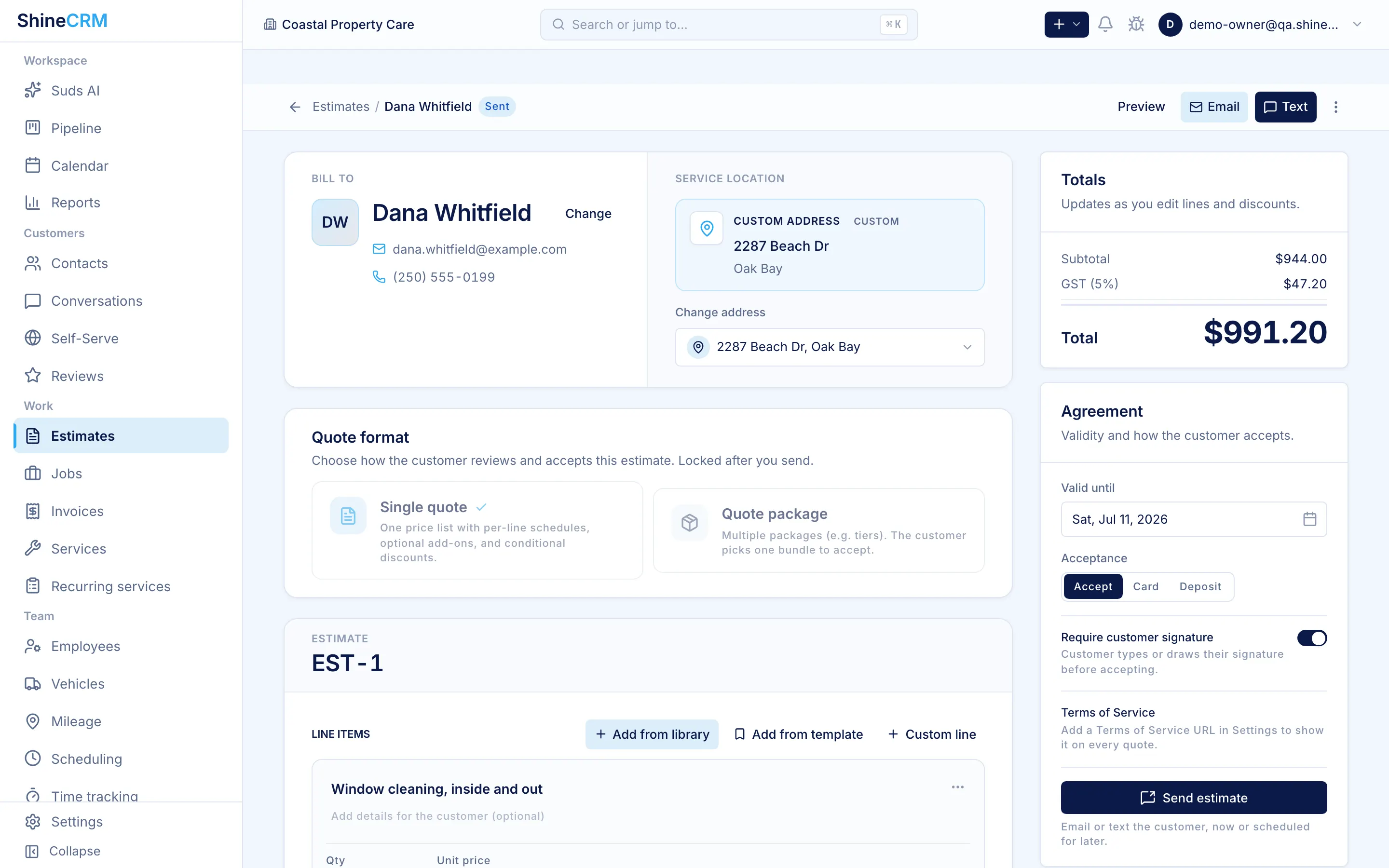 The ShineCRM estimate builder