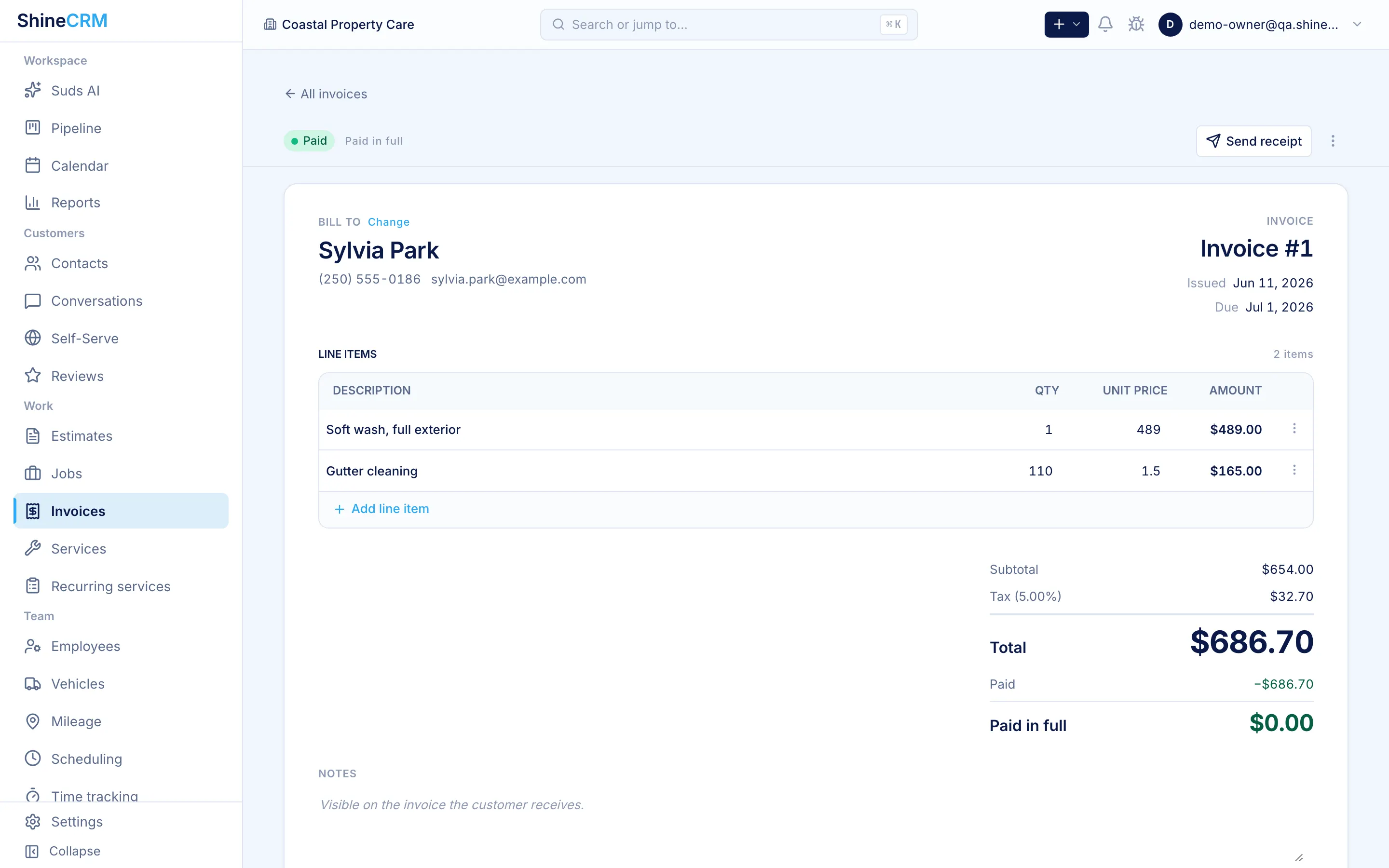 A paid invoice in ShineCRM