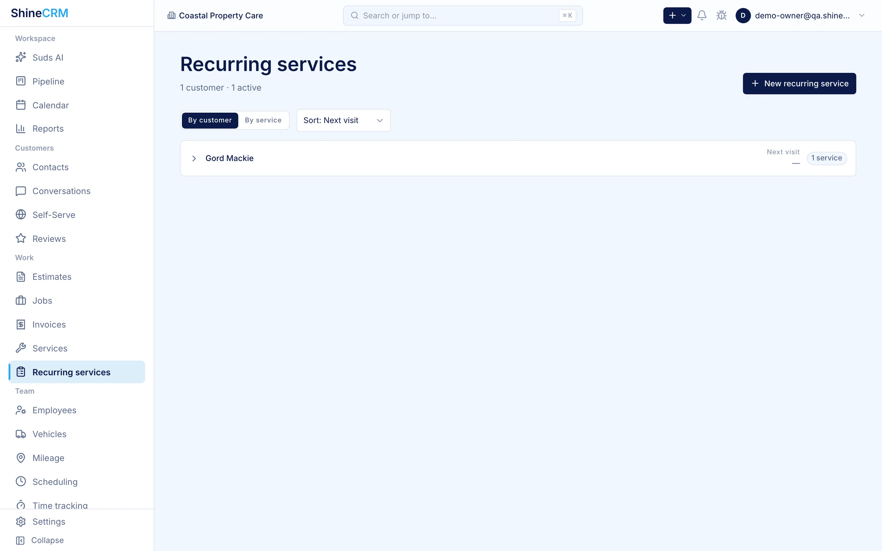 Recurring service plans in ShineCRM with cadences and next visits